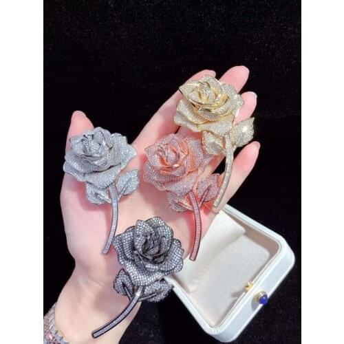 47x82mm Womens High Quality New winter golden plated Cz micro Flower brooch