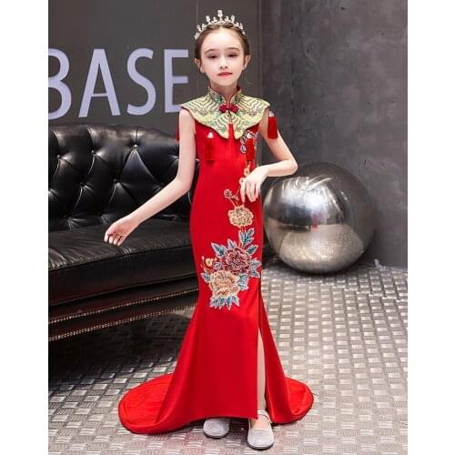Girls' Evening Dresses Chinese Style Small Catwalk Costume Childrens Trailing Princess dress Banquet Flower Girl Dress