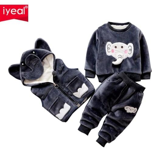 IYEAL Baby Girl Boy Clothing Sets Elephant Pattern Winter Warm Vest + Tops + Pants Kid Toddler Clothes Suit for 1 2 3 4 Years
