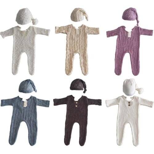 2Pcs Newborn Photography Props Suit Romper + Hat Set Long Sleeve Jumpsuits Bodysuit Handmade Knit Outfit Clothing