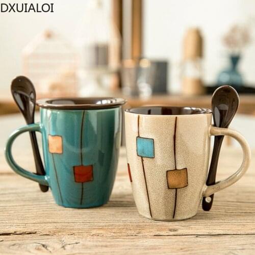 Creative Ceramic Mug Retro Personality Trend Mug Couple Simple Mug Coffee Cup Household Water Cup Spoon with Lid 360ML DXUIALOI