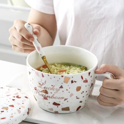 Nordic Ins Instant Noodles Bowl Ceramic Instant Noodle Cup Oversized Student Bowl with Cover Easy-to-Clean Salad Bowl Ramen Bowl