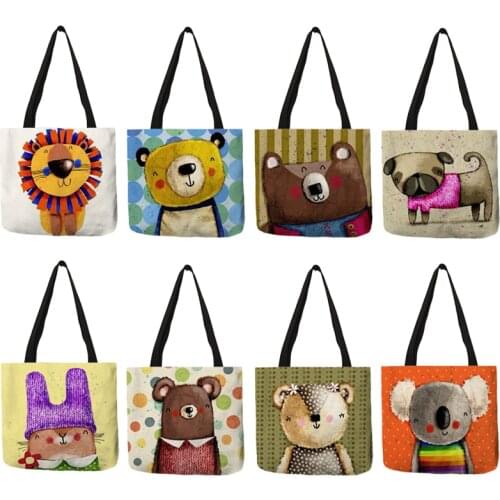 Cartoon Animal Pattern Reusable Shopping Bag Folding Koala Bear Print Tote Bag Women Fabric Handbags Traveling Bags Dropship
