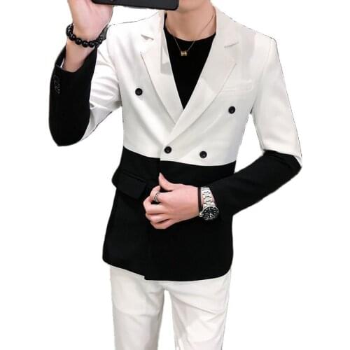 Mens Blazer Stitching Hombre Slim Semi-Black Red White Double-Breasted Blazer Masculino Wedding Prom Fashion Mens Blazer Men