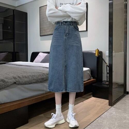 Spring and summer 2021 new Korean style high waist split denim half-length A-line skirt mid-length bag hip skirt