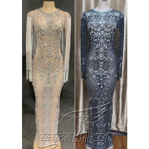 Transparent Mesh Long Dress Fringe See-Through Stage Costume Women Singer Model Prom Evening Clothing Birthday Outfit VDB3329