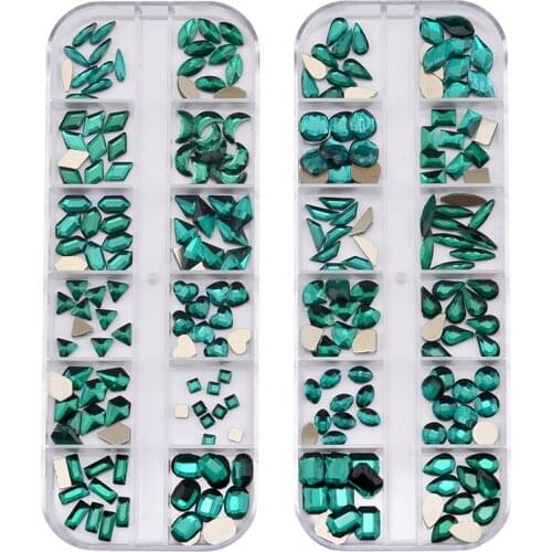 Multi Shapes Green Nail Art Rhinestones Glass Crystal Diamond Flatback Professional Decorations DIY Craft RH190