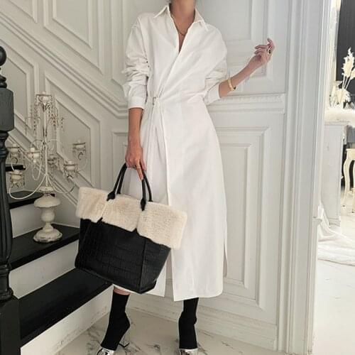 Chic Office Ladies Long Sleeve Shirt Dress 2021 Autumn Cotton Women White Lace-up Long Dress Casual Loose Female Vestidos
