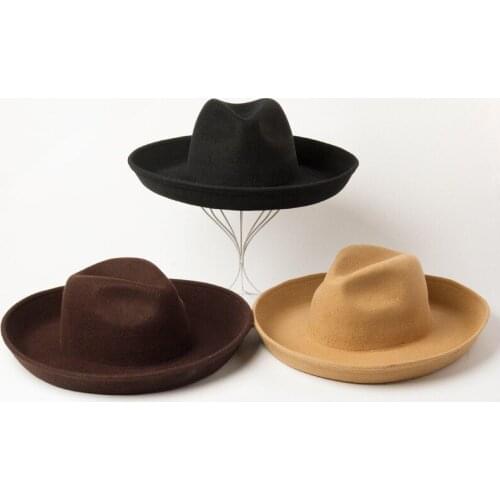 VRIGINER Curled Pigskin Fedora Hat 100% Wool Hat Mens And Womens Crushable Winter Hat Black Hat Derby Wedding Church Jazz Hat