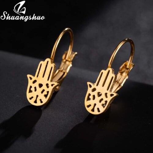 Shuangshuo Gold Stainless Steel Hamsa Earrings for Women Girls Kids Minimalist Ear Studs Fashion Hands Shape Lucky Jewelry