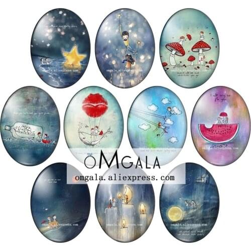 Cartoon Lovely Lovers Art Painting Love Patterns 13x18mm/18x25mm/30x40mm Oval photo glass cabochon flat back Making findings