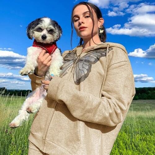 Y2k Fashion Oversized Butterfly Graphic Cardigan Jacket Female Rhinestone Zip Up Hip Hop Streetwear Punk Style Plus Size Hoodies