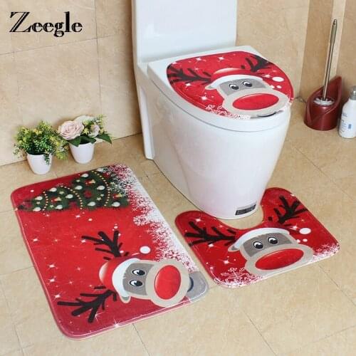 Zeegle Christmas Bath Mat Toilet Floor Mat Non-Slip Bathroom Carpet Absorbent Shower Room Rugs 3pcs Toilet Cover Rug