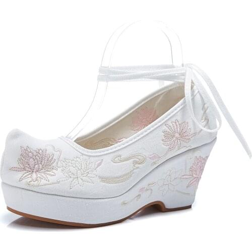 YourSeason Women Ankle Strap Shoes 8cm Wedges Comfort Embroidery Ladies Cotton Fabric Platform Hanfu Pumps Retro