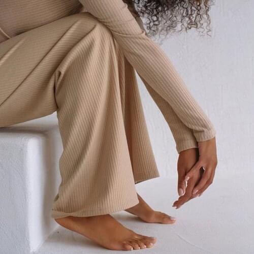 BBK Knit 2 Pieces Sets High Collar Plain Shirts Long Sleeve Crop Tops Long Wide Leg Trousers Solid Color Elastic Pantsuit 2021
