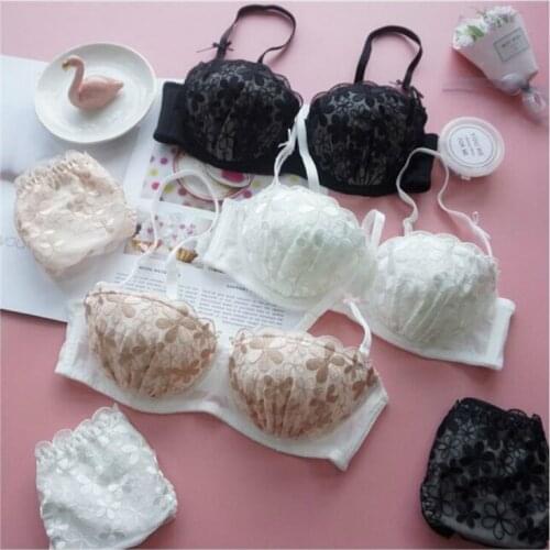 Women Sexy Lingerie 2021 Japanese Lace Panties and Bra Set Korean Lounge Underwear Embroidery Brief Thong Bralette Set Half Cup