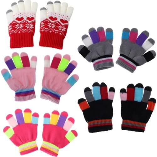 1 Pair Kids Gloves Full Finger Warm Winter Children Colorful Stripe Knitted Boys Girls Solid Glove Multi Color New Hot