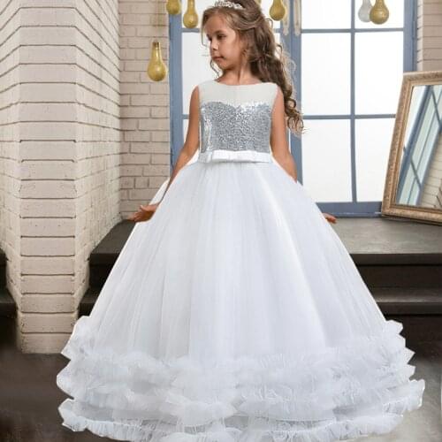 White Formal Bridesmaid Dress Sequins Kids Dresses For Girls Elegant Party Wedding Dresses Girl Evening Princess Dress