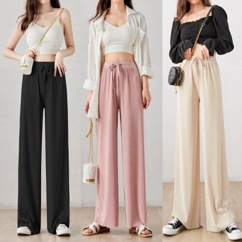 Women High Waist Casual Loose Wide Leg Pant Female Pure Color Elastic Waist Elegant Fashion Trousers Ropa Mujer Pantalon Femme