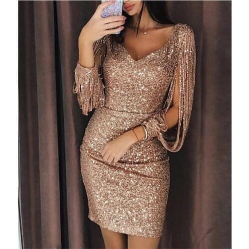 European and American fashion sexy ladies dress sequin embroidery dress V-neck long-sleeved bag hip fringed sleeve dress AL18122