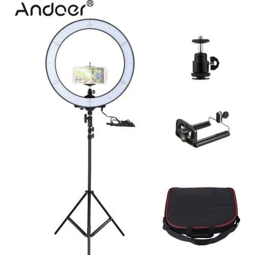 Andoer LA-650D LED Ring Light 5500K 40W Studio Light Photographic Lighting with 600LED Lights Phone Holder Soft Cloth Bag