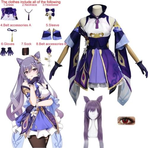 Anime Costumes Genshin Impact Keqing Cosplay Costume Halloween Carnival Dress Including Gloves Socks Lolita Maid Uniform