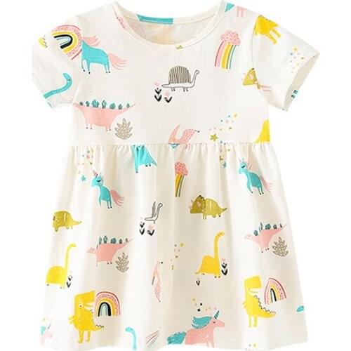 27kids Summer Girls Dress Comfortable Short Sleeve Printing Animal Dinosaur Cute Skirt For Kids Casual Clothes 2-7Years