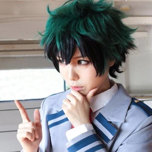 My Hero Academia Boku no Hiro Akademia Wigs Izuku Midoriya Short Green Black Ombre Heat Resistant Cosplay Wig + Track + Wig Cap