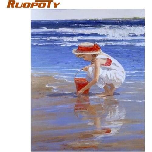 Diy oil painting by numbers kit girl Sea shore pickup paint by numbers for kids adults for home decor