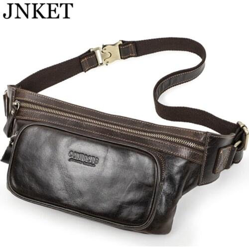 JNKET New Retro Mens Cow Leather Waist Bag Waist Pack Multifunctional Waist Pouch Messenger Bags Casual Shoulder Bag