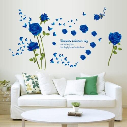 Romantic Blue Rose Wall Sticker Bedroom Door Living Room Window Glass Decoration PVC Mural Pastrol Removable DIY Wall Poster
