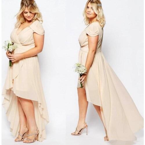 Champagne Nude Chiffon High Low Country Bridesmaid Dresses Plus Size V-neck Short Sleeve Junior Maid of Honor Wedding Guest gown