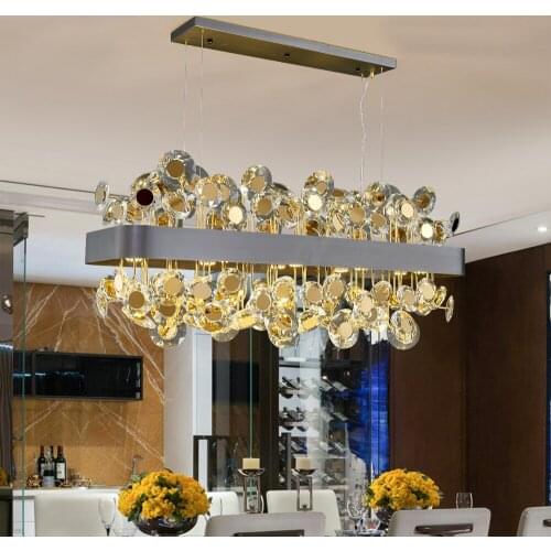YOOGEE Modern Gold Crystal Chandeliers for Dining Room Suspension Wire Lamps Luxury LED Rectangle Indoor Hanging Light Fixture