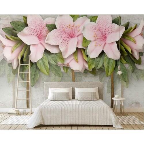 Embossed pink flowers leaves brick 3d wallpaper papel de parede for living room TV sofa wall bedroom wall papers home decor cafe