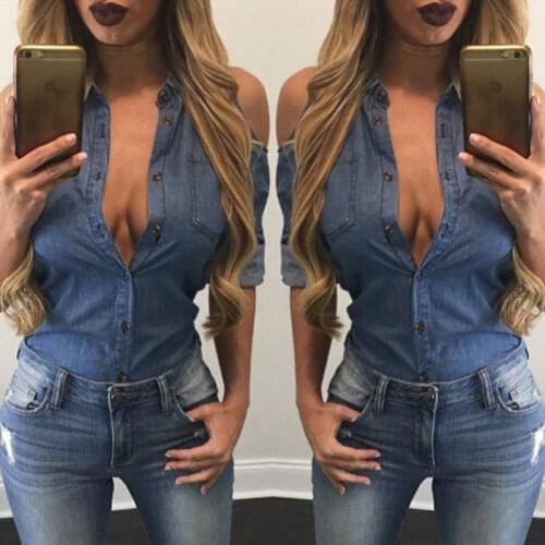 Womens Summer Off Shoulder Denim Shirt Tops V-Neck Button Casual Blouses Womens Tops