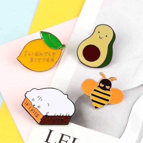 Cartoons Lapel Pin Cute Bee Lemon Avocado Cat Brooches Backpack Clothes Enamel Pins For Women Fashion Button Badge Jewelry Gift