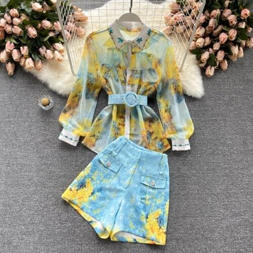 Elegant Print Women Sets New Summer Long Sleeve Shirts+High Waist Wide Leg Pants Shorts Stylish Clothes Suits