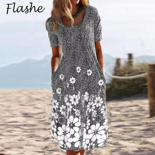 Women Summer Dress 2021 Bohemian Beach Robe Vintage Floral Print Dress Women Casual Short Sleeve Pocket Dresses Plus Size