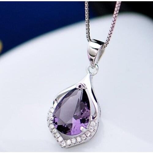 KOFSAC Fashion Elegant Purple Zircon Water Drop Pendant Jewelry 925 Sterling Silver Necklaces For Women Anniversary Accessories