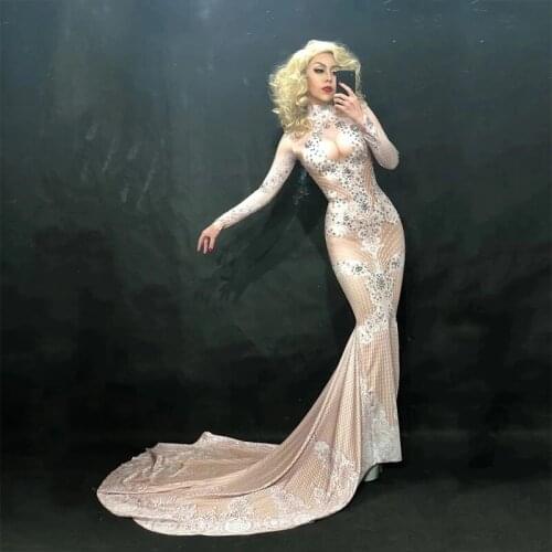Women Sparkly Crystal Rhinestone Dress Long Train Women Birthday Costume Prom Celebrate Nude Big Tail Dresses Evening Outfits