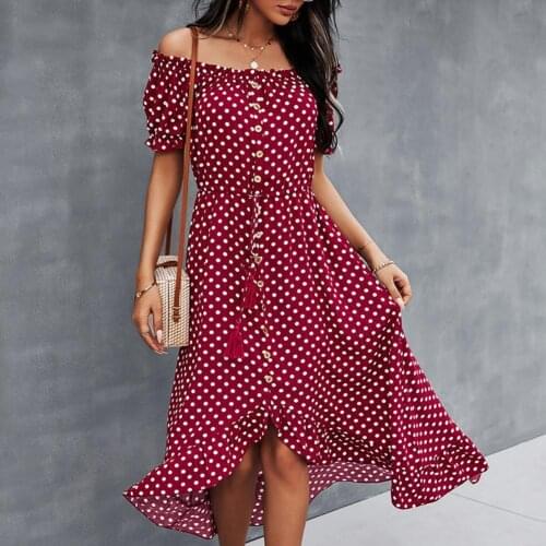 Spring 2021 New Ladies Dot Polka Print Dress Women Tassel Button Off The Shoulder Dress For Woman Sexy Slash Neck Summer Dress