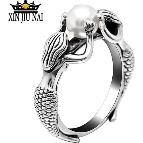 Vintage 925 Silver White Pearl Mermaid Daughter of the sea for Women Antique Boho Jewelry Fashion Personality Birthstone Ring