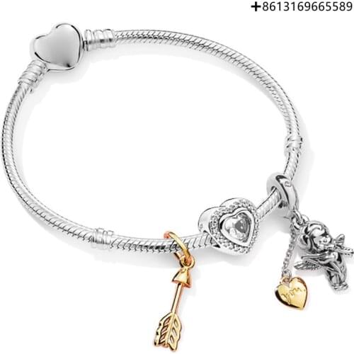 100% 925 Sterling Silver ZT0245 Shining Love Cupids Arrow Grain Heart Shaped Stringed Bracelet Valentines Day Set