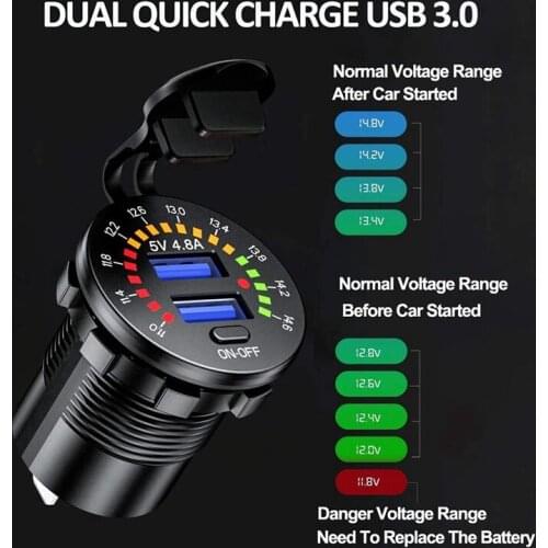 2Pcs Car Charger 36W Dual USB QC3.0 Charging Socket with Color Digital Voltmeter ON/OFF Switch