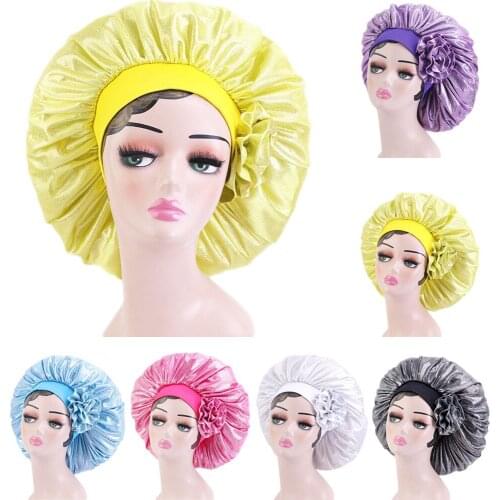 Women Satin Bonnet Flower Sleeping Hat Night Sleep Cap Hair Care Bonnets Nightcap Wide Band Hats Silk Head Wrap Scarf Headwear