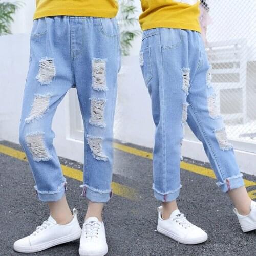 Girls hole jeans Baby Girl Cotton Pants srping 2020 Light Blue Trousers Teenage School Girls Clothing Ripped Jeans for Kids