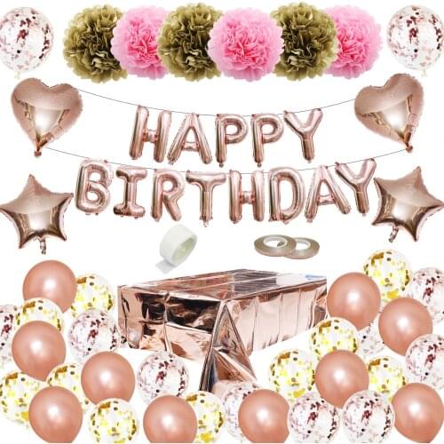 Happy Birthday Letter Foil Balloon Paper Flower Ball Rose Gold Birthday Latex Ballon Set Baby Shower Wedding Decoration Supplies