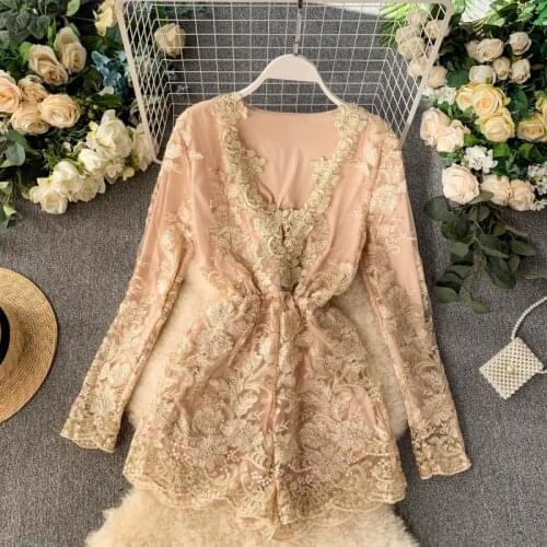 Womens Spring Summer Long Sleeve Deep V neck Lace Mesh Jumpsuit Female Sexy Wide Leg Shorts Overall Playsuit TB1909