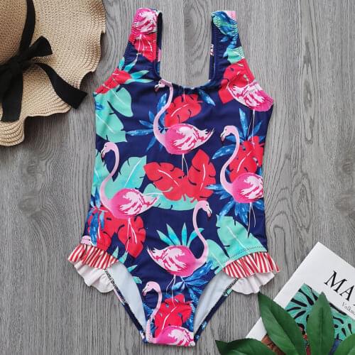 Flamingo Tropical Leaf Girl Swimsuit Kids One Piece Childrens Swimwear Ruffle Toddler Girl Bathing Suit Monokini Beachwear 2021