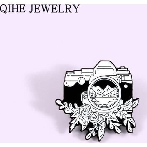 Camera Landscape Leaves Flower Mountain Enamel Pin Black White Camera Badge Outdoor Photography Metal Brooch For Women Men